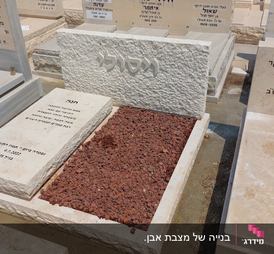 מצבות עם כיתוב בעברית ואבנים אדומות
